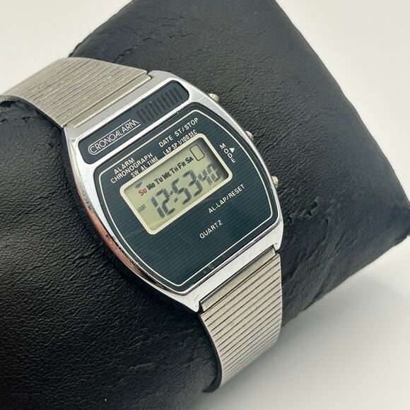 Vintage 1980s Cronoalarm Silver St. Steel Digital Quartz Watch New Battery main image 7